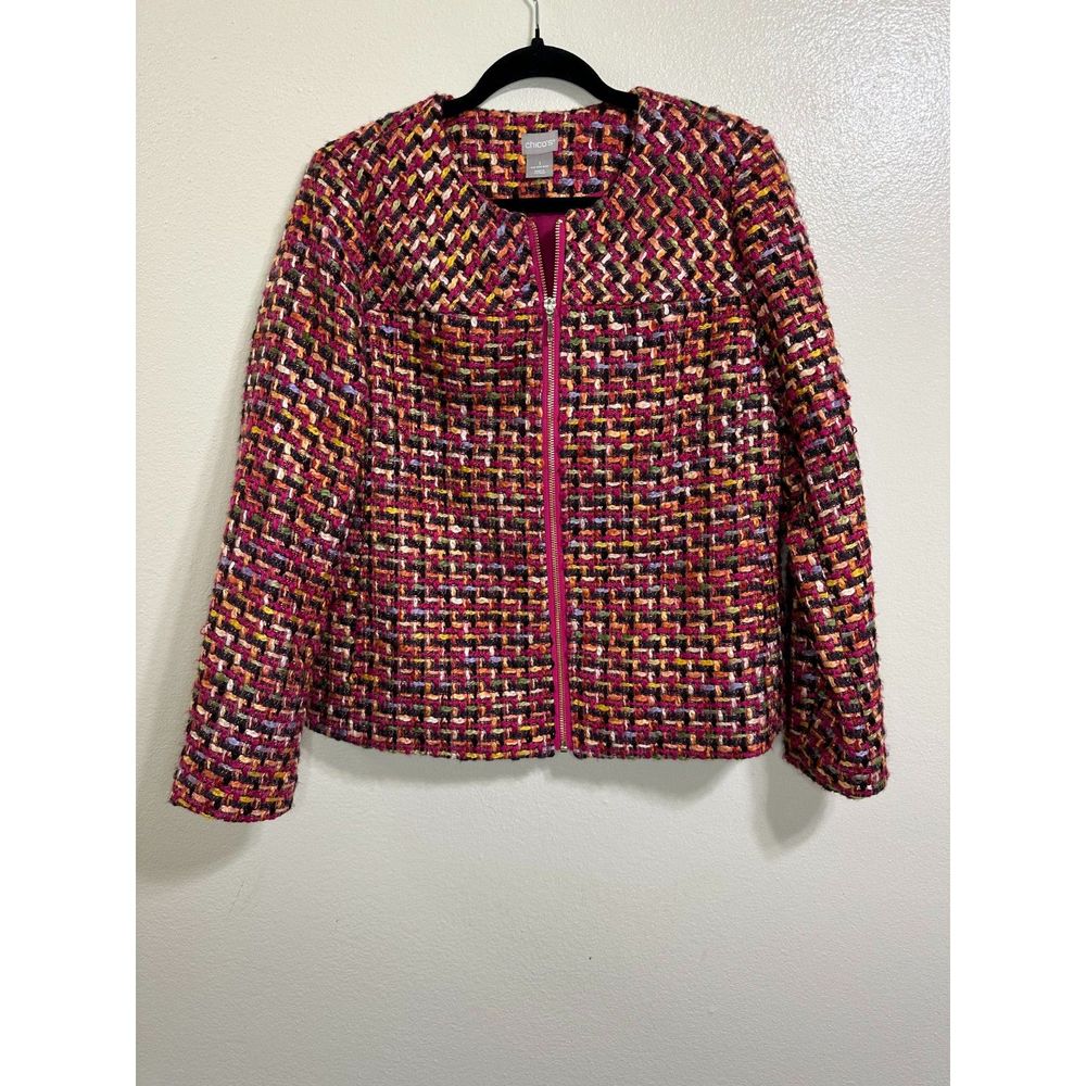 Chico's Women's Front Zip Multicolored Woven Career Jacket Size 1, Medium